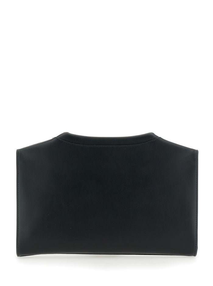 Black Pouch With Logo Plaque On The Front And Crewneck Effect Leather Woman Calf Clutches Pochettes