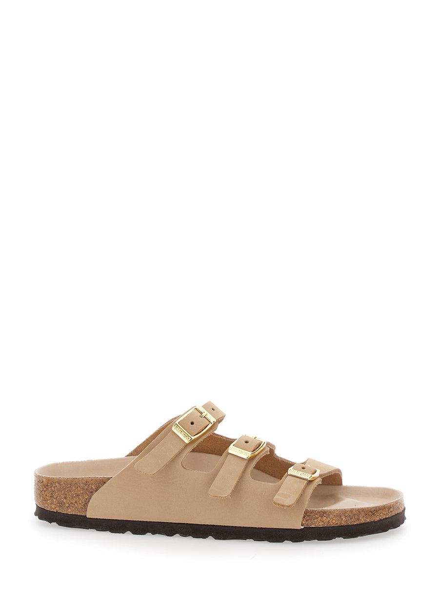 Beige Sandals With Buckle And Logo Leather