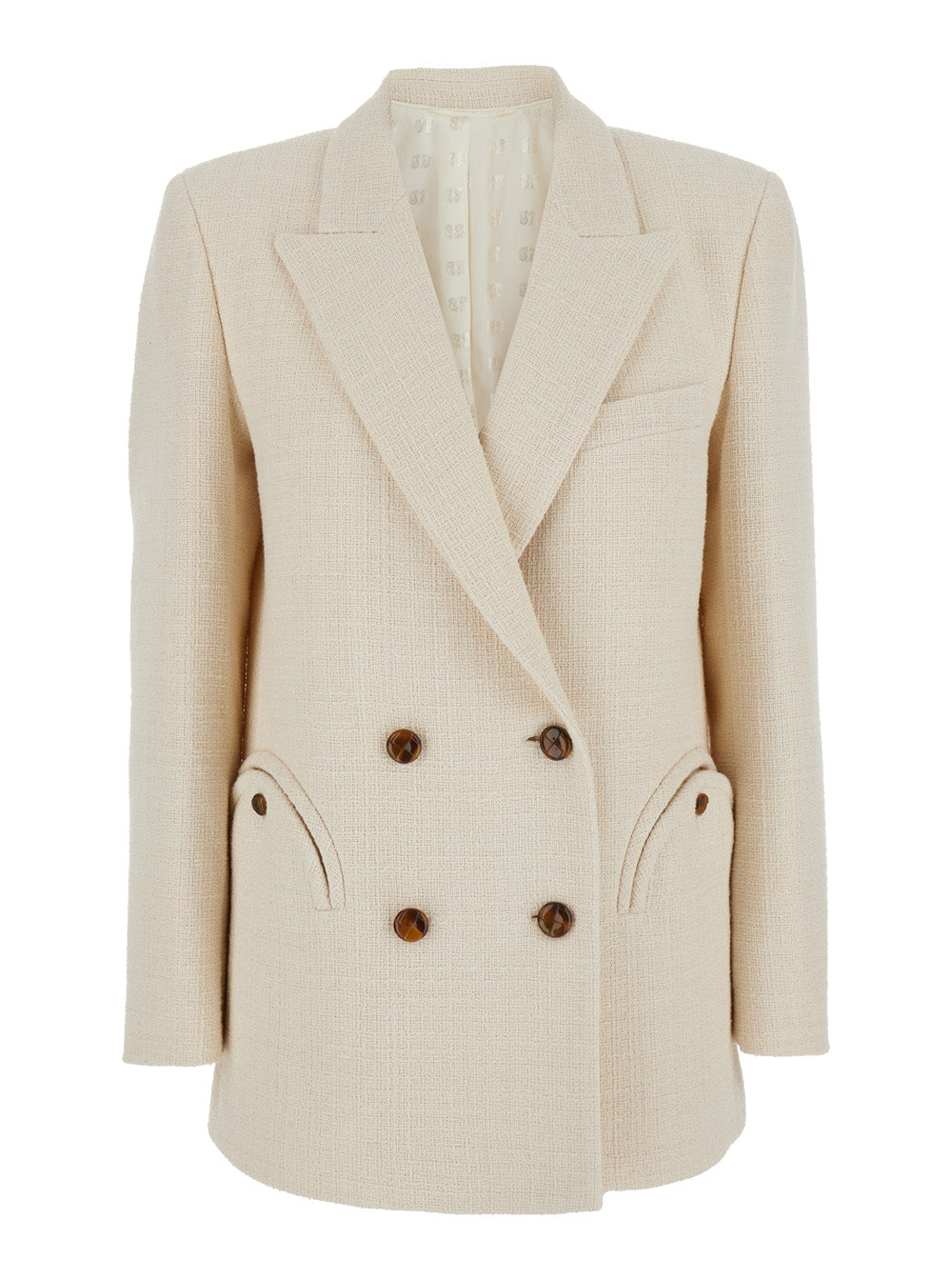Missy White Double-Breasted Jacket With Peak Revers Cotton Blend Woman Polyester Other Fibers Blazers