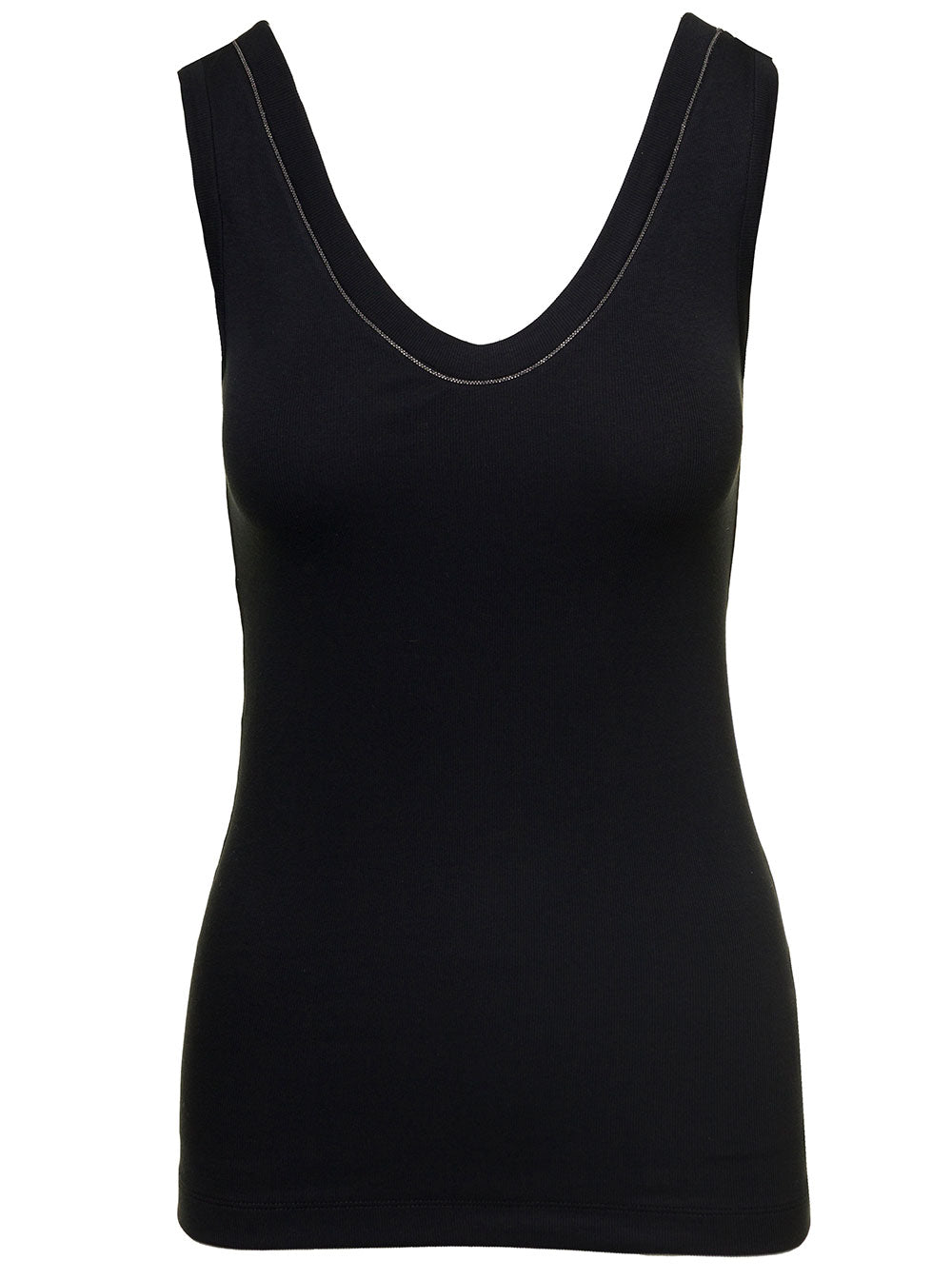 Black Cotton Tank Top With Monile Insert Elastane