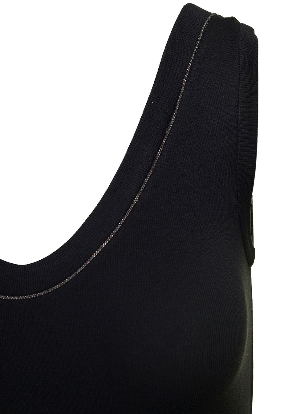 Black Cotton Tank Top With Monile Insert Elastane