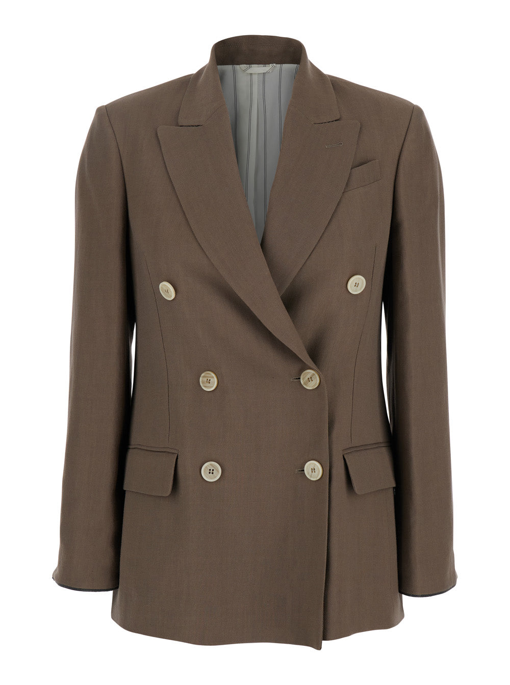 Brown Double-Breasted Jacket With Peak Lapels Linen Blend Woman Viscose Blazers