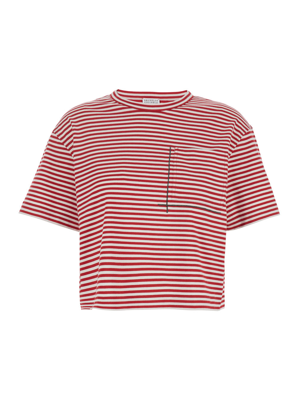 Red Crewneck T-Shirt With All-Over Striped Motif And Jewel Detail On The Front Cotton Woman Tshirts Polo Shirts