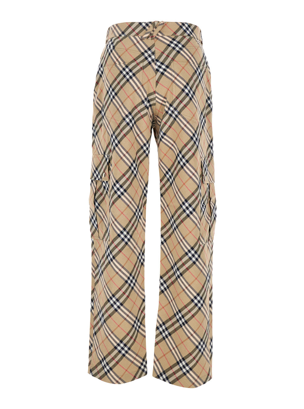 Beige Cargo Pants with Vintage Check Motif in Linen and Cotton Blend Man Elastane Trousers