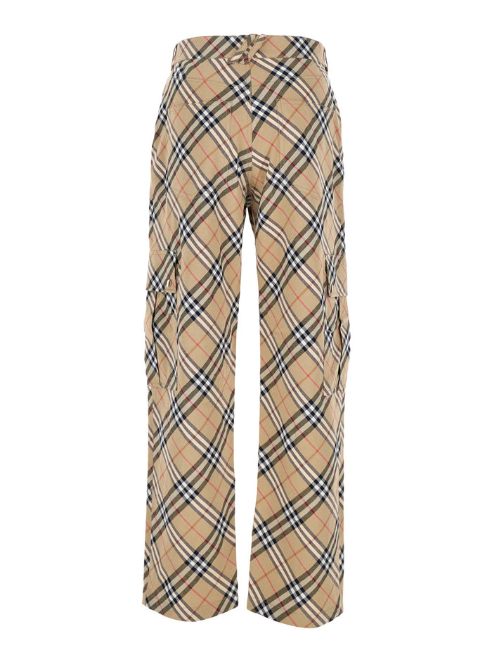 Beige Cargo Pants with Vintage Check Motif in Linen and Cotton Blend Man Elastane Trousers
