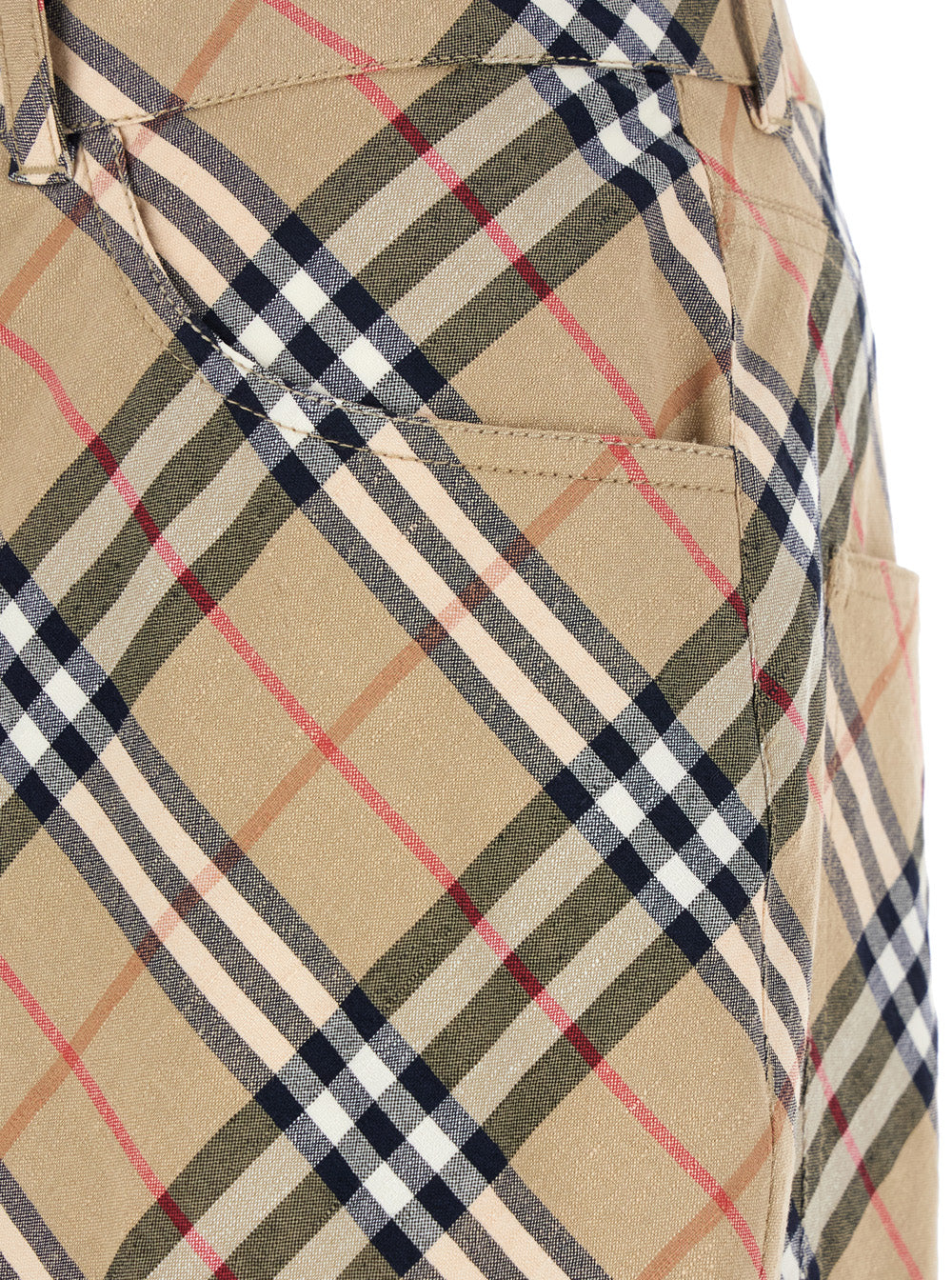 Beige Cargo Pants with Vintage Check Motif in Linen and Cotton Blend Man Elastane Trousers