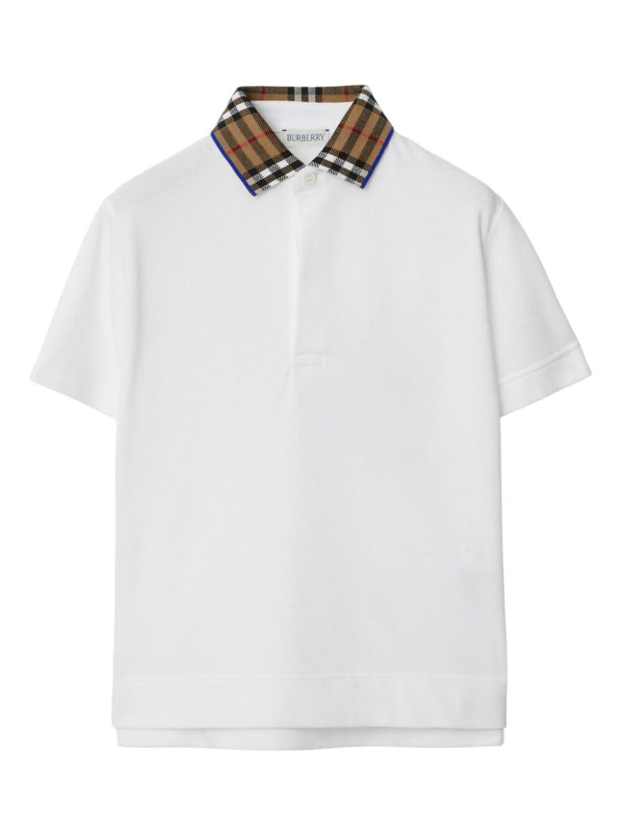 Johanne White Polo Shirt With Check Motif Collar Cotton Boy Tshirts And