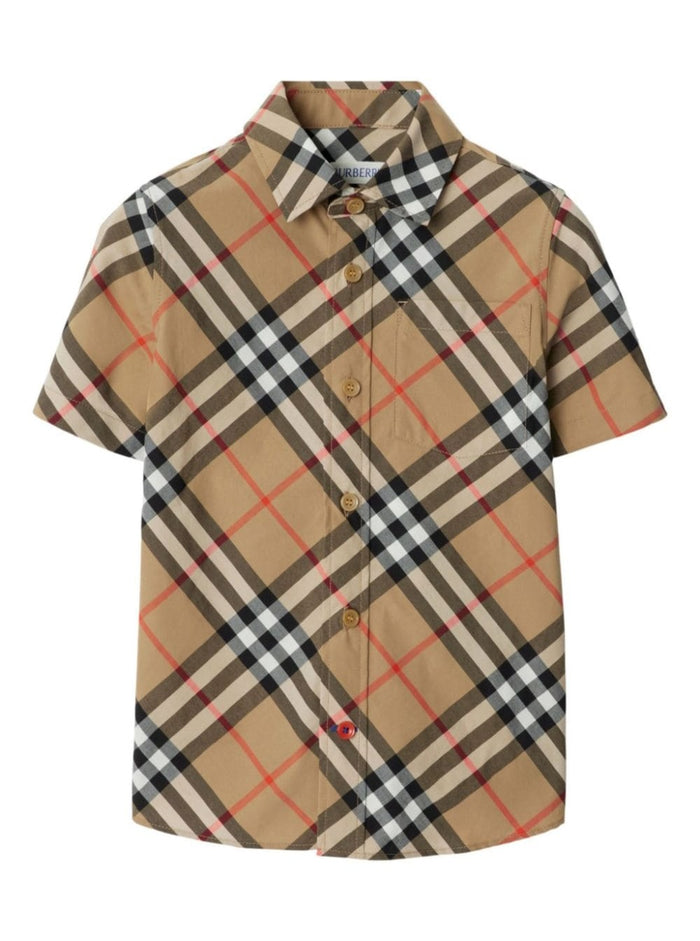 Beige Short Sleeve Shirt With Check Motif Cotton Boy And Blouses