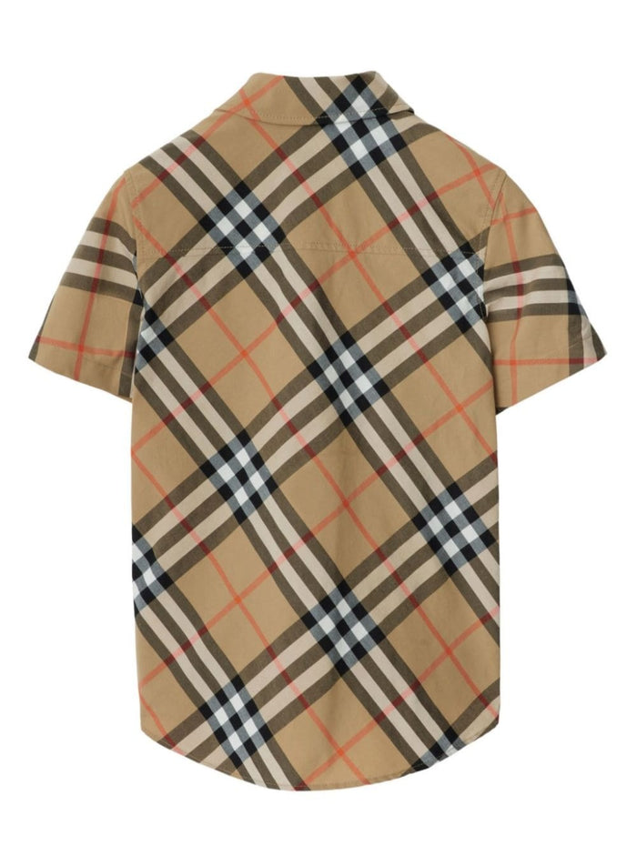 Beige Short Sleeve Shirt With Check Motif Cotton Boy And Blouses