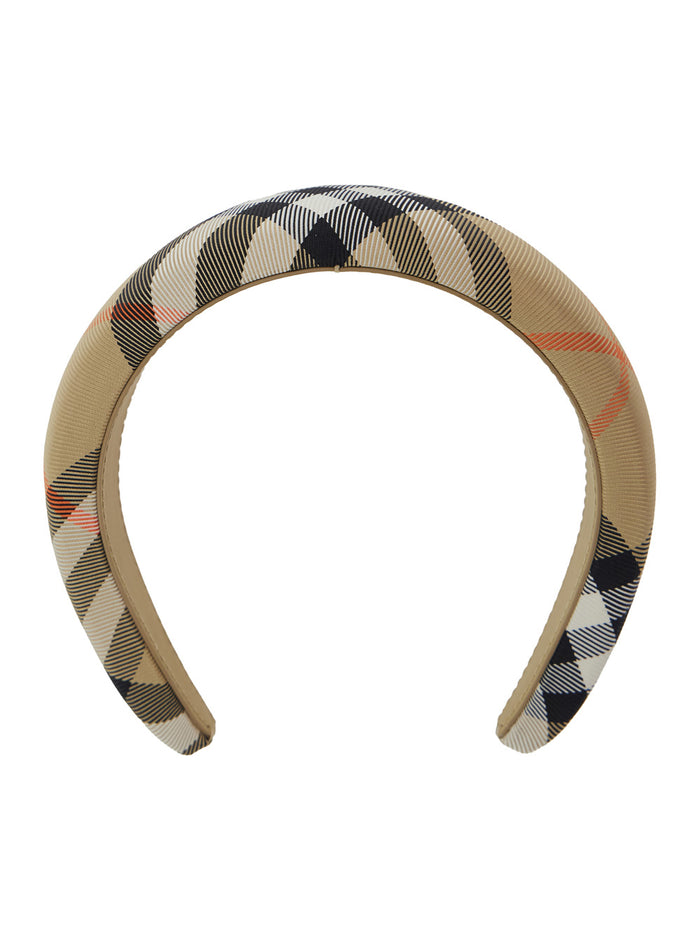 Beige Headband With All-Over Check Motif Tech Fabric Girl Recycled Polyamide Hair Accessories
