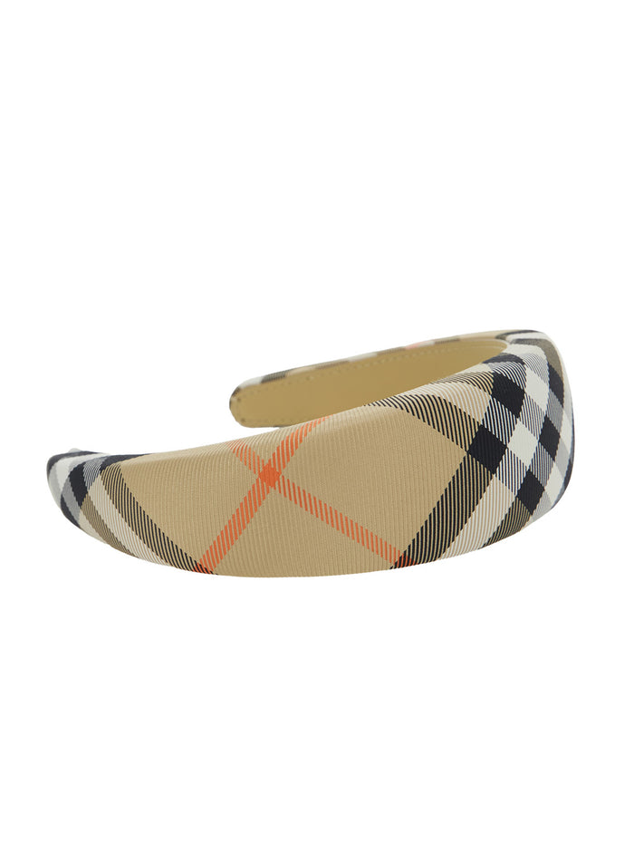 Beige Headband With All-Over Check Motif Tech Fabric Girl Recycled Polyamide Hair Accessories