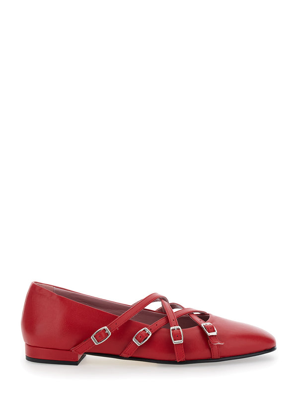 Eloise Red Ballet Shoes With Adjustable Straps Leather Ballerina