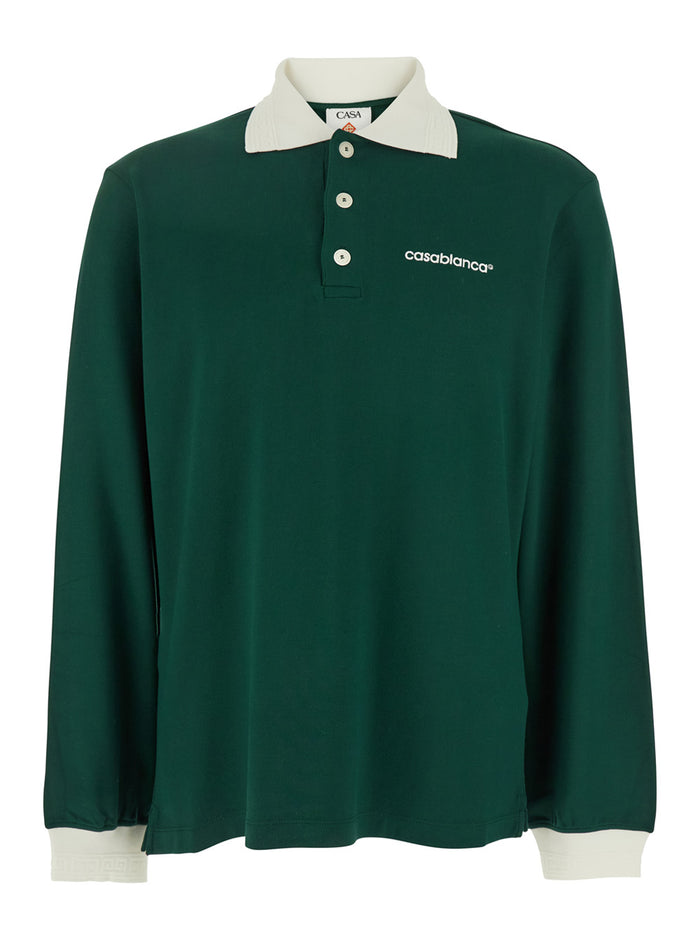 Green Polo Shirt With Classic Collar And Logo Lettering On The Front Cotton Blend Stretch Man Tshirts