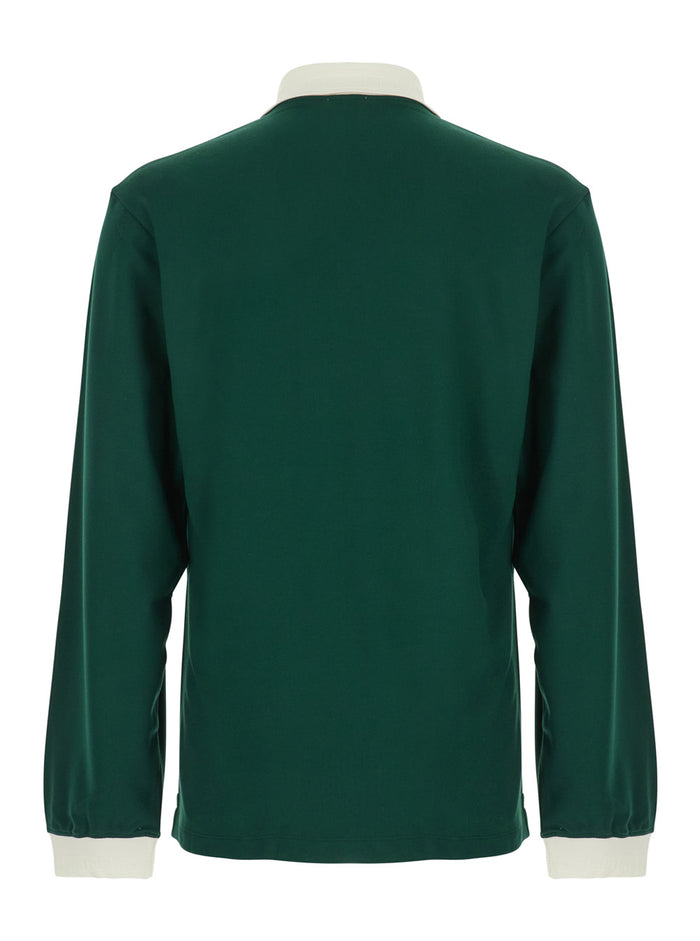 Green Polo Shirt With Classic Collar And Logo Lettering On The Front Cotton Blend Stretch Man Tshirts