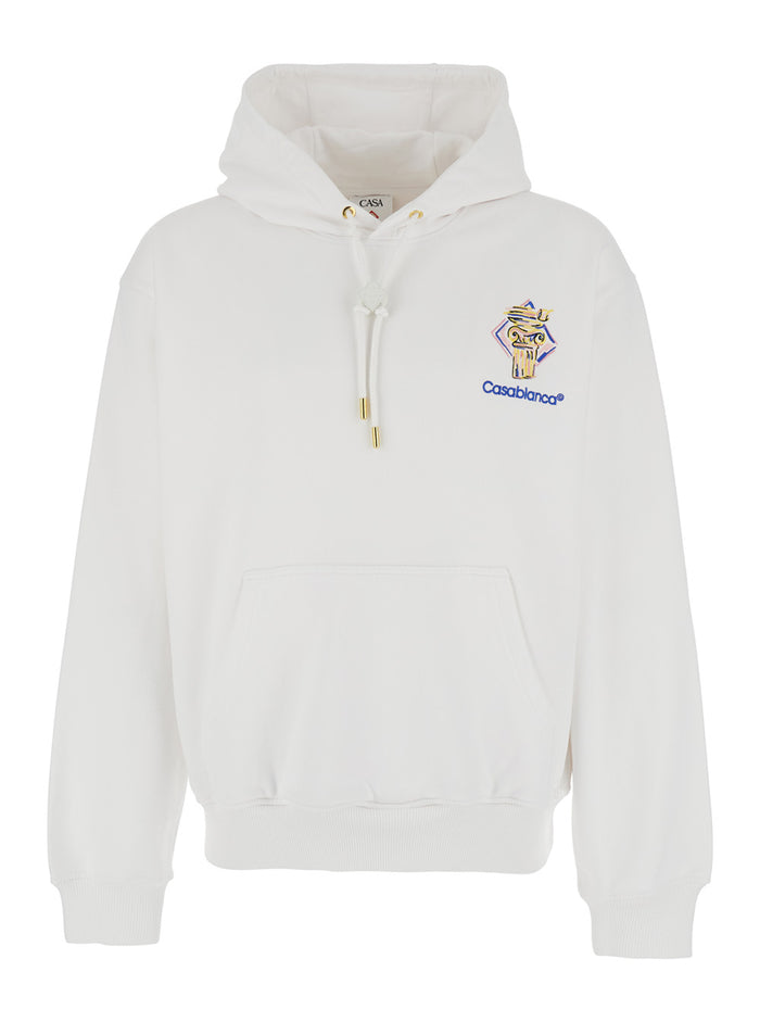 Diamond Column White Hoodie With Drawstring Hood And Logo Print On The Front Cotton Man Organic Sweatshirts