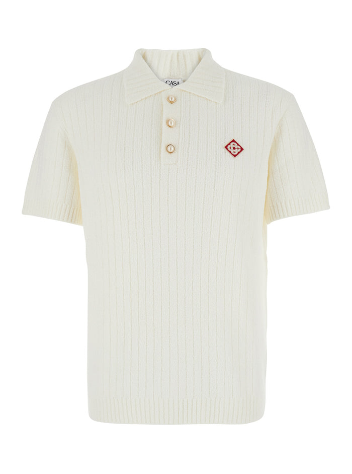 White Polo Shirt With Classic Collar And Logo Embroidery On The Front Cotton Man Tshirts