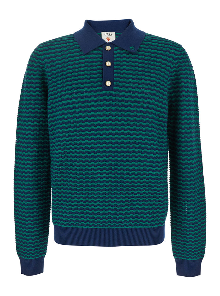 Mini Wave Blue Polo Shirt With Logo Embroidery On The Collar And All-Over Striped Motif Wool Man Blu Tshirts