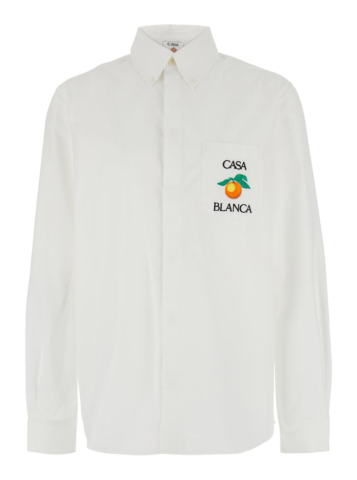 White Shirt With Button-Down Collar And Logo Embroidery On The Front Cotton Man Blouses