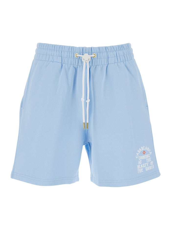 Light Blue Bermuda Shorts With Elastic Waist And Printed Logo On The Front Cotton Man Organic