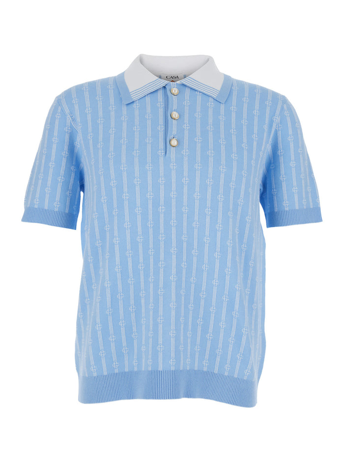 Light Blue Polo With Classic Collar And All-Over Logo Motif Cotton Man Polyamide Tshirts Shirts
