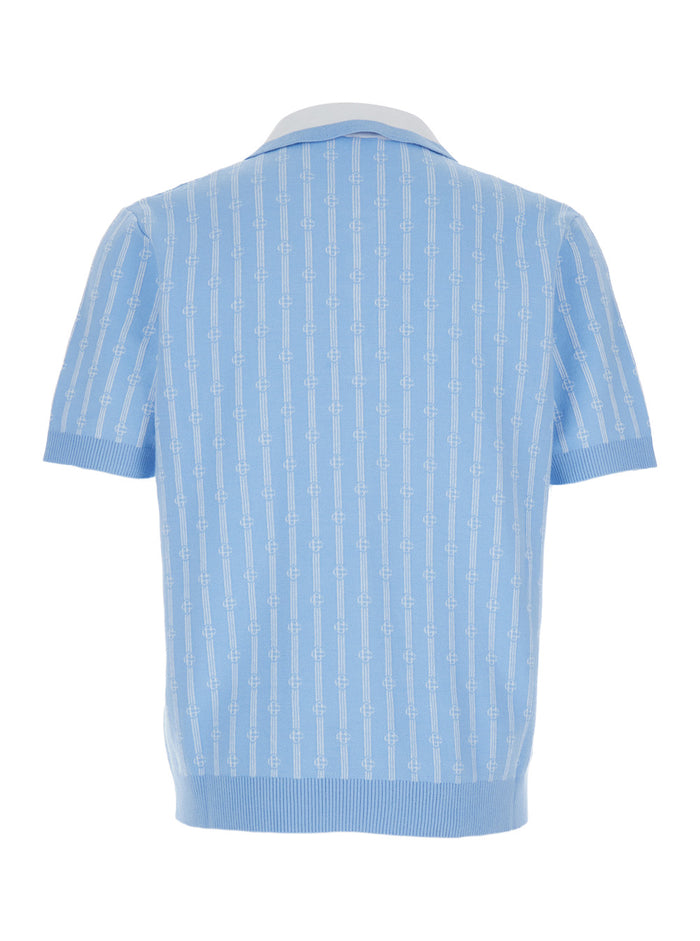 Light Blue Polo With Classic Collar And All-Over Logo Motif Cotton Man Polyamide Tshirts Shirts