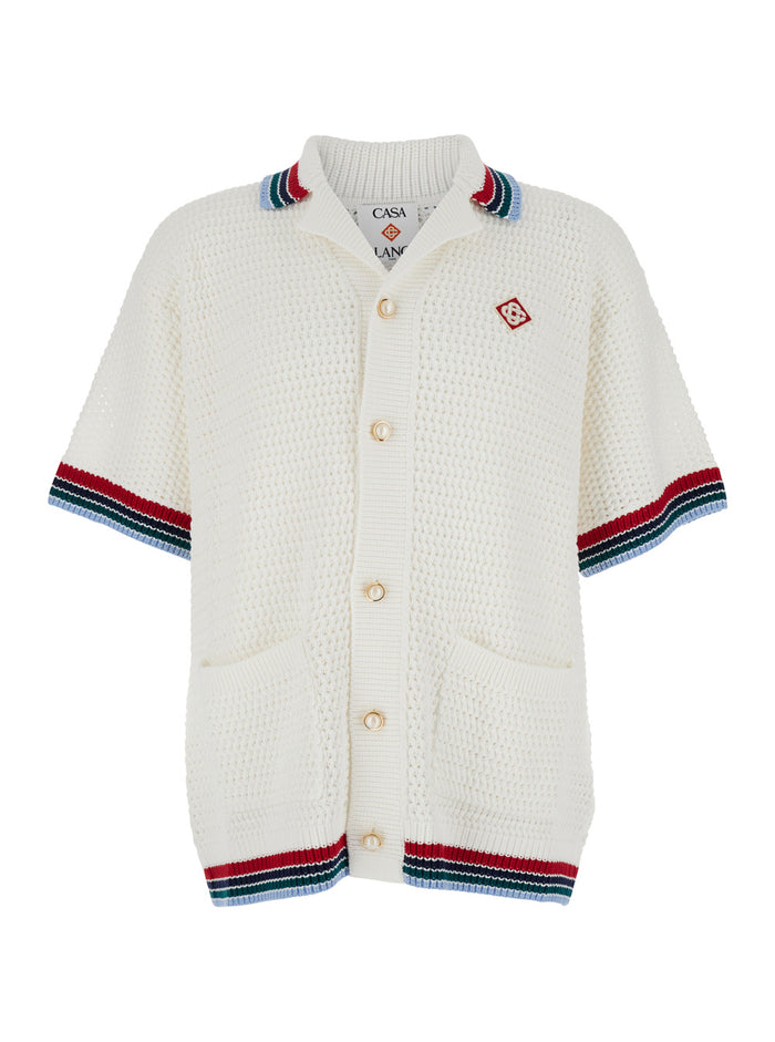 Sporty Crochet White Shirt With Logo On The Front And Maxi Back Cotton Man Blouses
