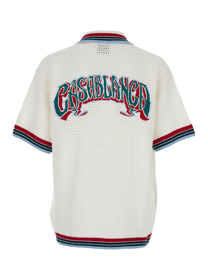 Sporty Crochet White Shirt With Logo On The Front And Maxi Back Cotton Man Blouses