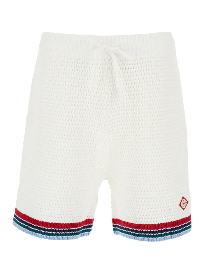 White Bermuda Shorts With Front Logo Patch And Knitted Design Cotton Man