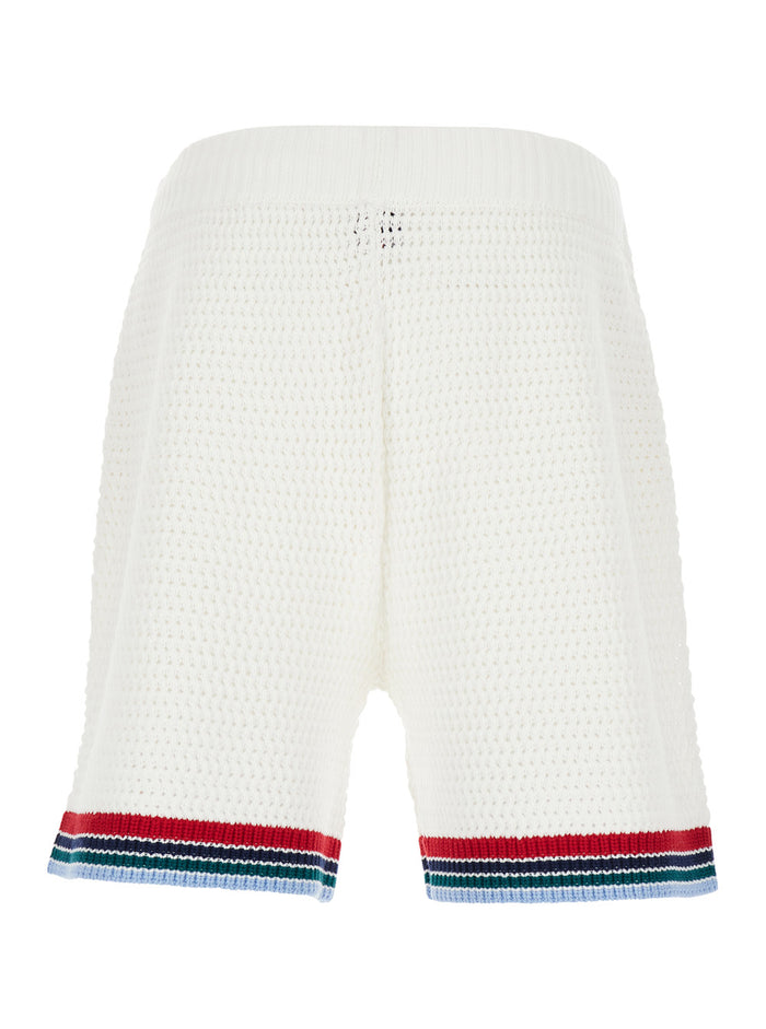 White Bermuda Shorts With Front Logo Patch And Knitted Design Cotton Man