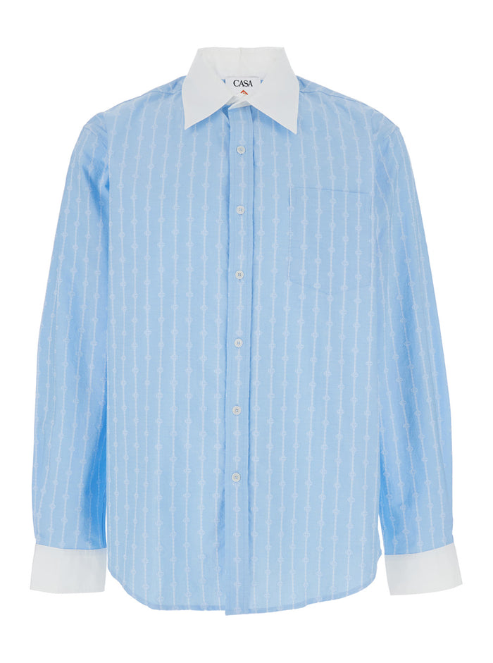 Laurel Light Blue Shirt With Pointed Collar And All-Over Logo Print Cotton Man Blouses