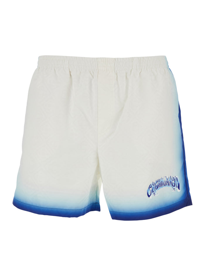 White Swim Shorts With Elastic Waist And Logo Print On The Front Tech Fabric Man Polyester Beachwear