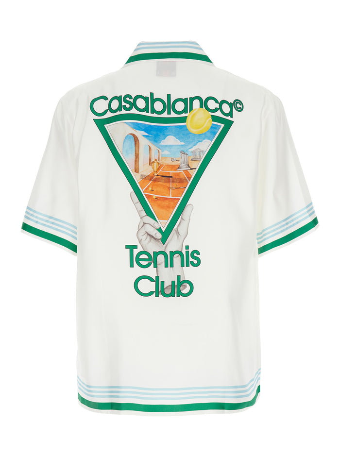 White Bowlingshirt With Logo Detail On The Front And Maxi Print Rear Silk Man Shirts Blouses