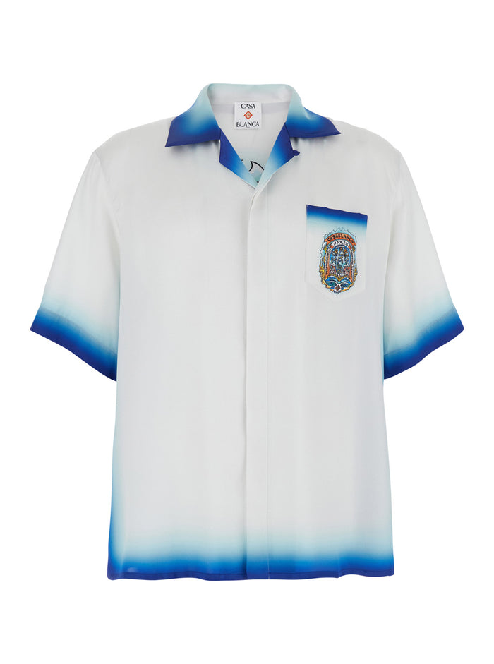 White Shirt With Cuban Collar And Maxi Logo Printed On The Back Silk Man Blouses