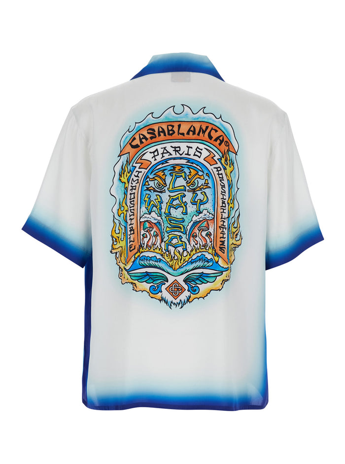 White Shirt With Cuban Collar And Maxi Logo Printed On The Back Silk Man Blouses