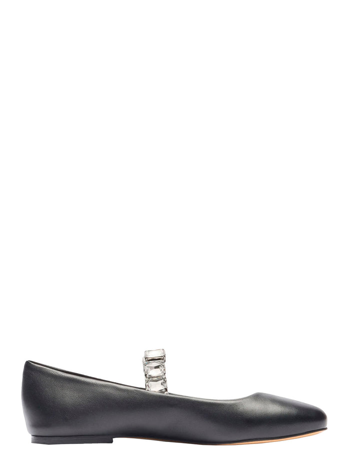 Black Ballet Shoes With Crystal Embellishments Leather Woman Nappa Ballerinas