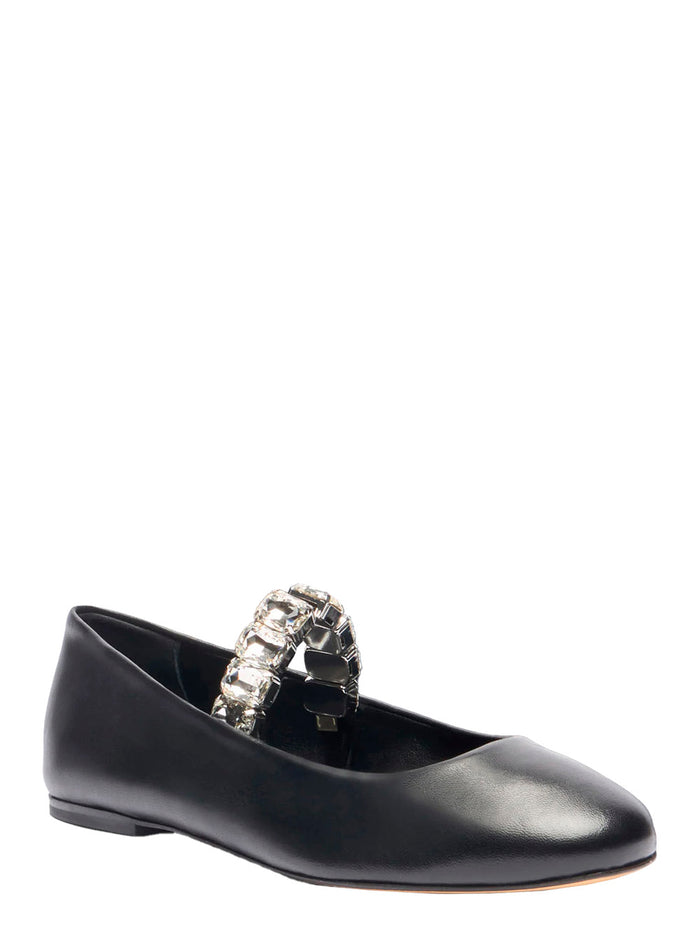 Black Ballet Shoes With Crystal Embellishments Leather Woman Nappa Ballerinas