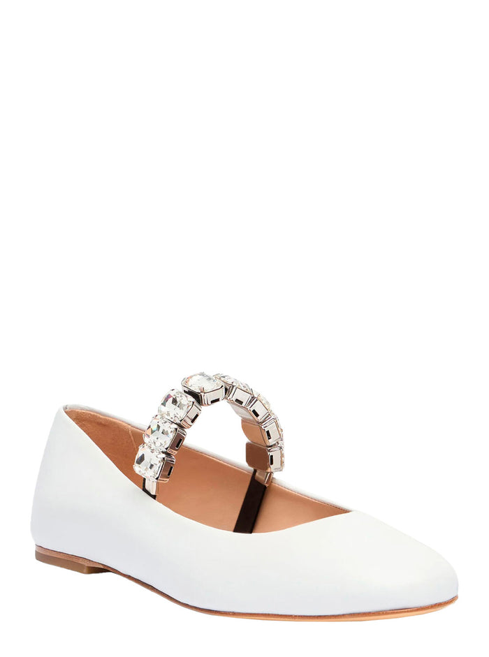 White Ballet Shoes With Crystal Embellishments Leather Woman Nappa Ballerinas