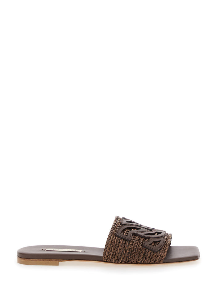 Brown Slide Sandals With Embossed Logo Raffia Woman Flat Shoes