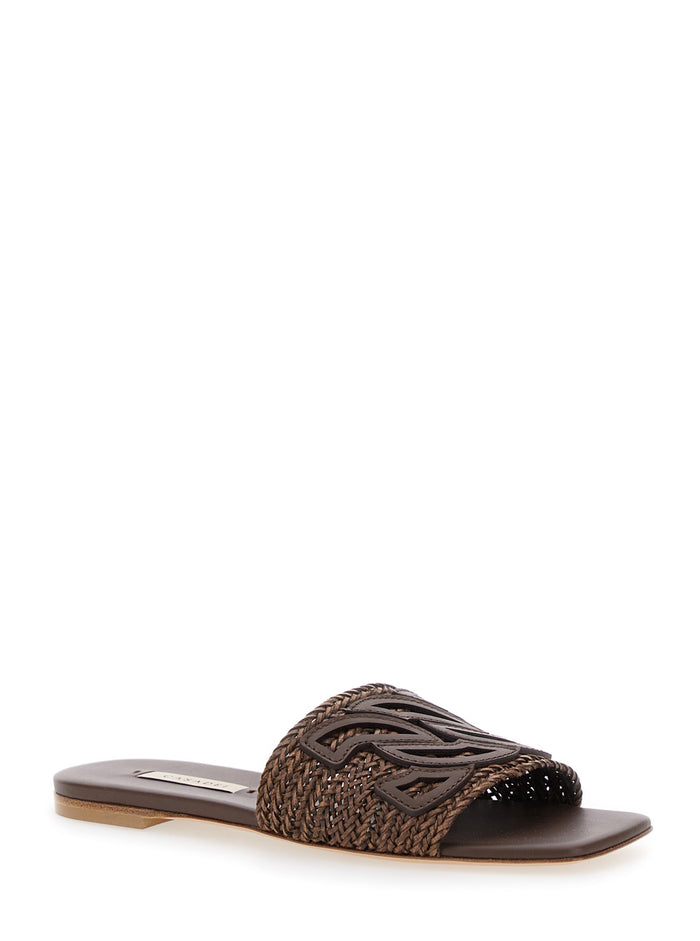 Brown Slide Sandals With Embossed Logo Raffia Woman Flat Shoes