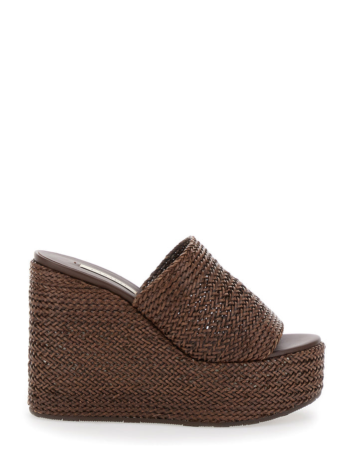 Brown Wedges With Almond Toe And Woven Design Synthetic Fiber Woman Polyurethane
