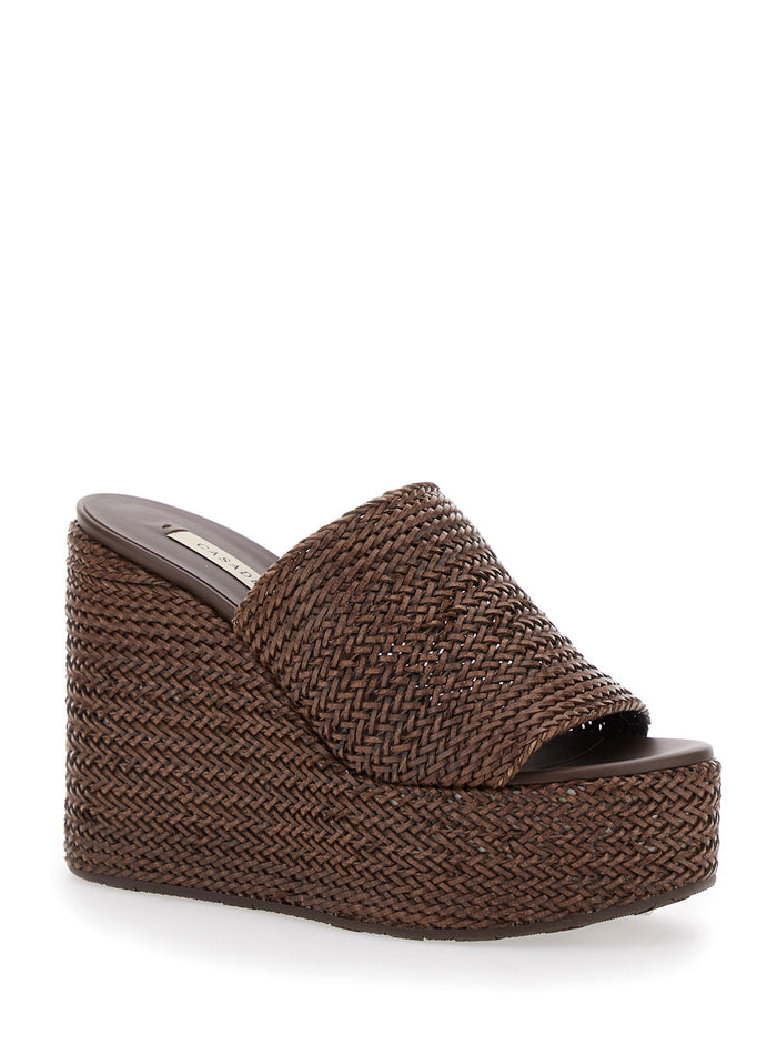 Brown Wedges With Almond Toe And Woven Design Synthetic Fiber Woman Polyurethane