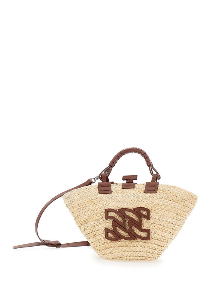 Brown Tote Bag With Removable Shoulder Strap And Logo Embroidery On The Front Fabric Leather Woman Natural Fiber Calf