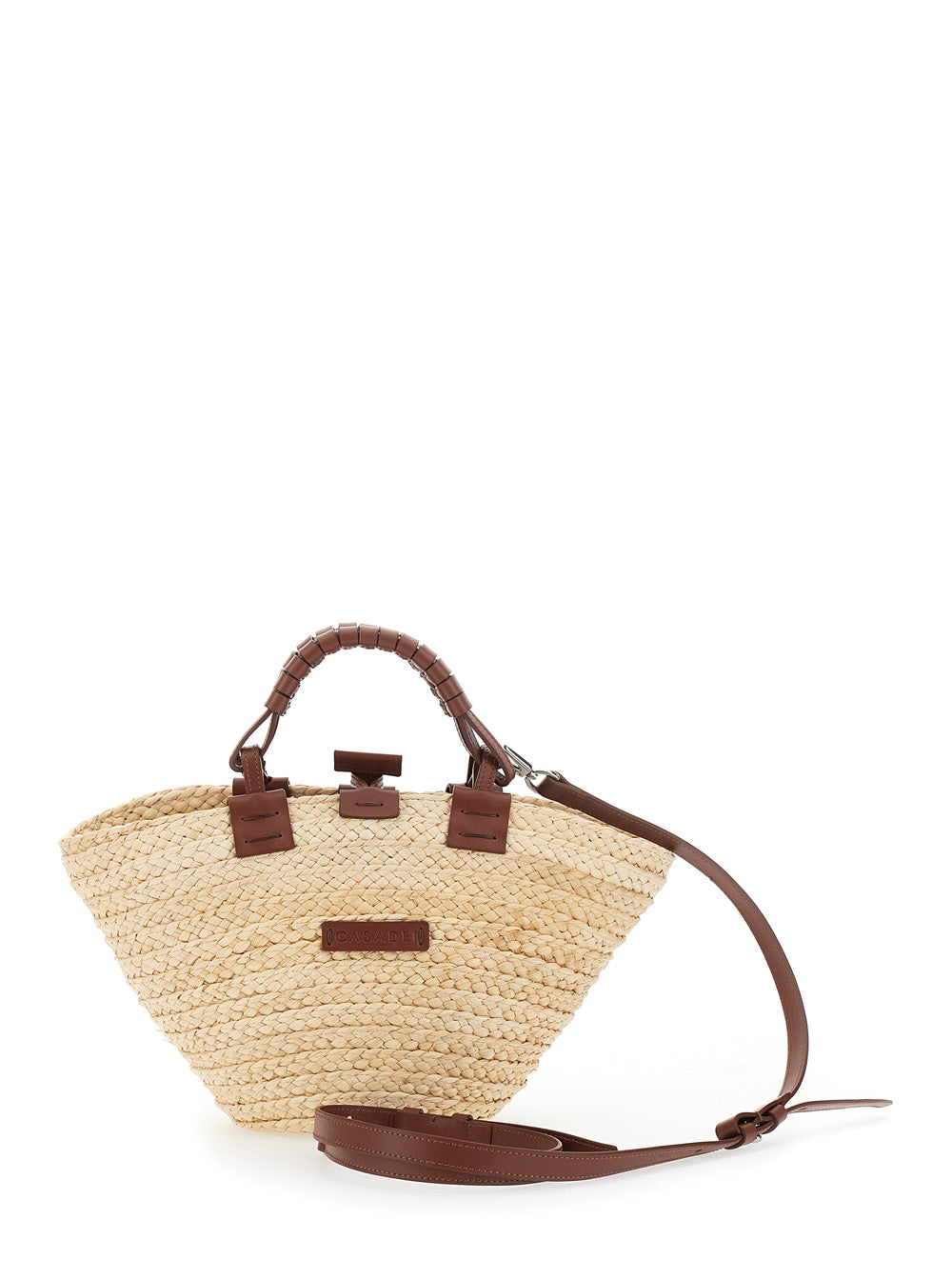 Brown Tote Bag With Removable Shoulder Strap And Logo Embroidery On The Front Fabric Leather Woman Natural Fiber Calf