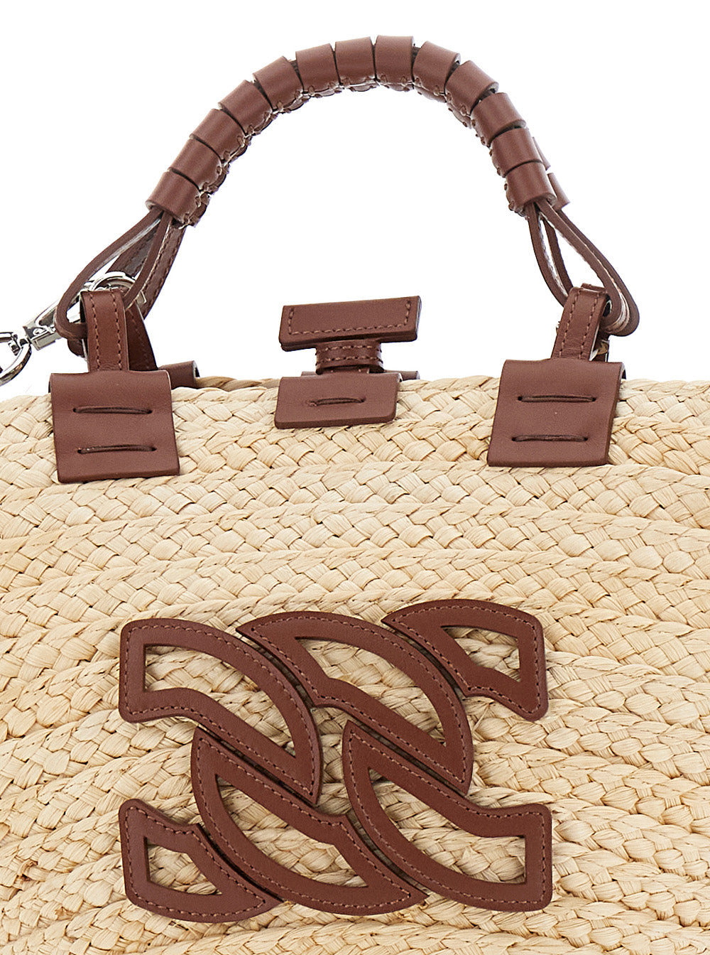 Brown Tote Bag With Removable Shoulder Strap And Logo Embroidery On The Front Fabric Leather Woman Natural Fiber Calf