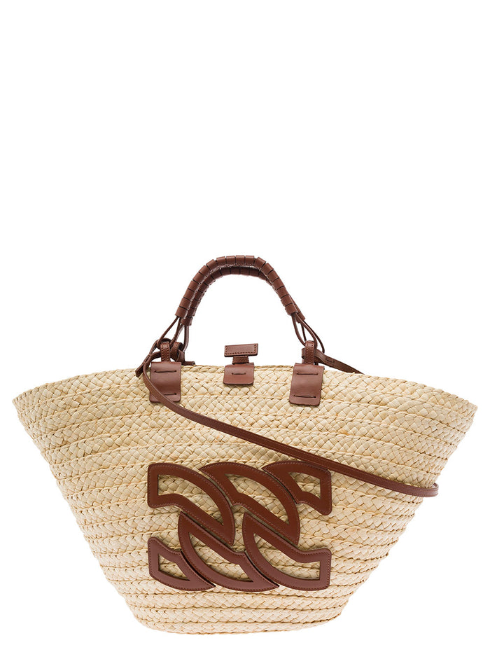 Panarea Brown Shopper With C-Chain Maxi Logo Rafia And Leather Woman Natural Fiber Calf Tote Bags