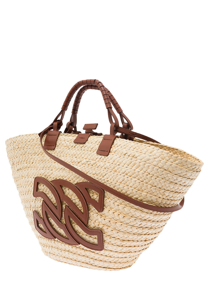 Panarea Brown Shopper With C-Chain Maxi Logo Rafia And Leather Woman Natural Fiber Calf Tote Bags