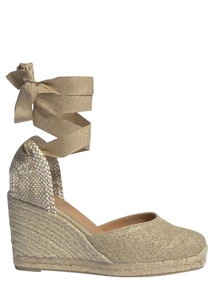 Beige Lace-Up Espadrille Sandals Cotton Woman Linen Wedges