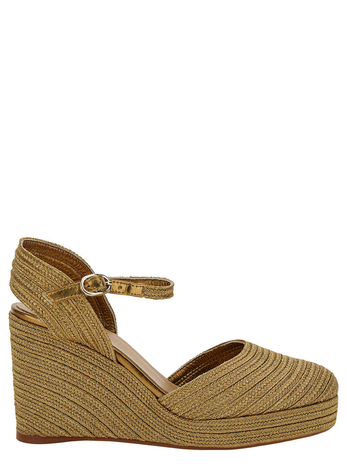 Carolyn Gold Wedge With Ankle Strap Metallic Rafia Woman Beige Polyester Sheep Wedges