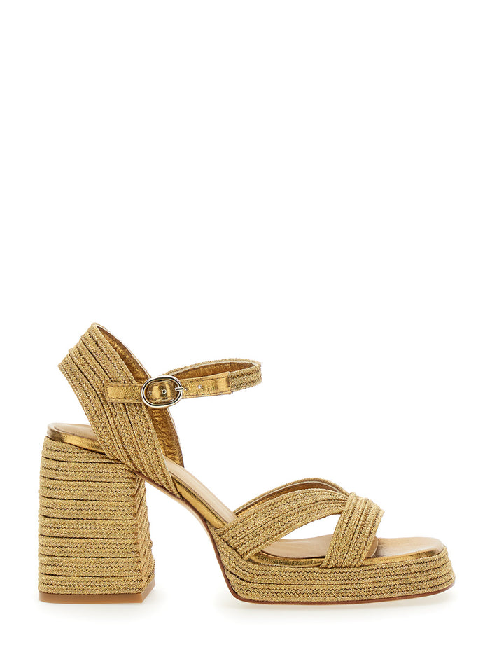 Valle Gold-Colored Heeled Sandals With Buckle Metallic Fabric Woman Polyester Sheep Heels