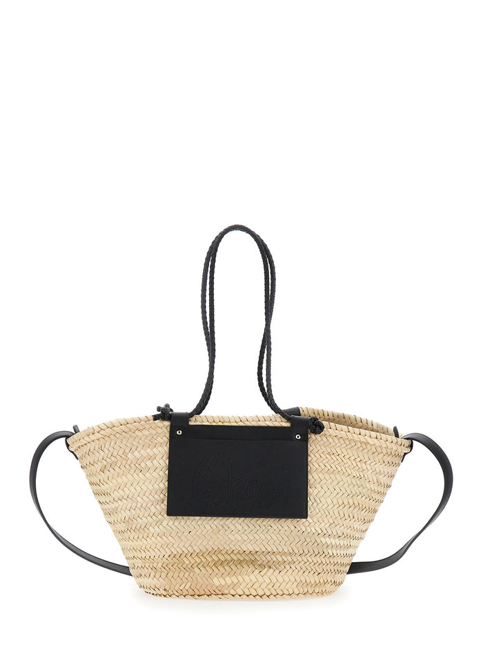 Campania-152 Black Tote Bag With Perforated Logo Lettering On The Front And Removable Leather Shoulder Strap Rafia Woman & Calfskin